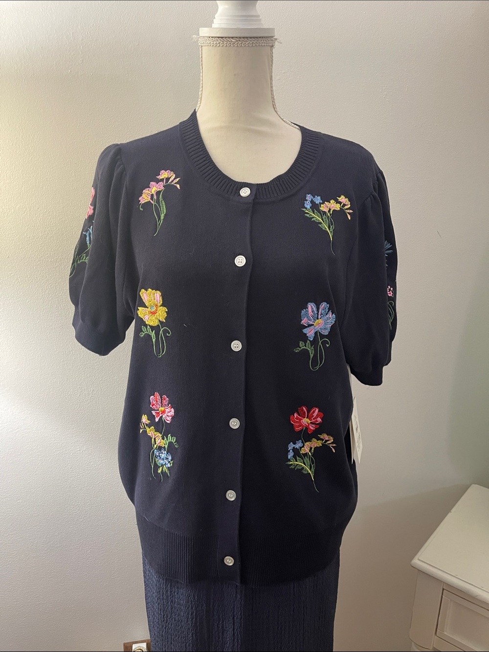 Navy Blue Floral Embroidered Button Cardigan